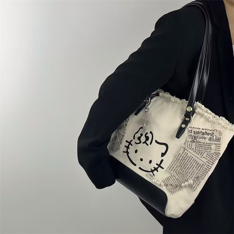 Sera original new kitty cat y2k hot girl embroidery canvas shoulder bag tote bag casual niche cute messenger bag