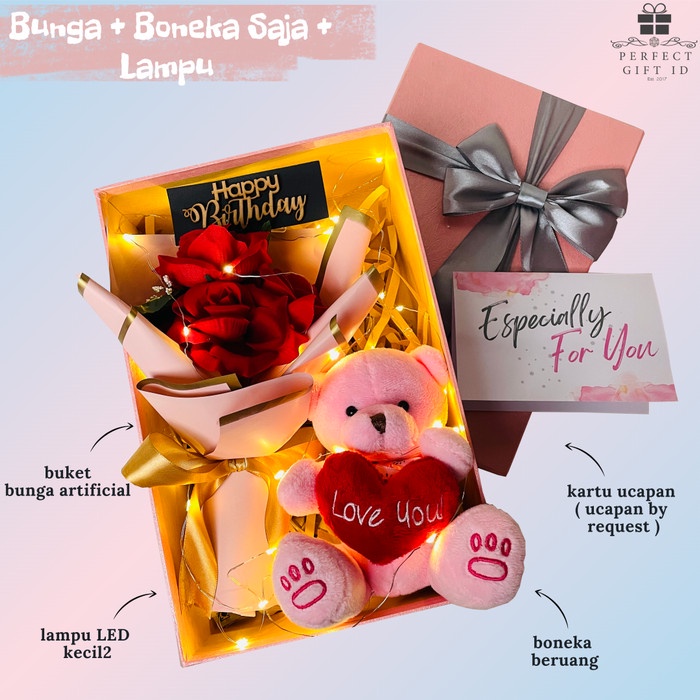 

(COD) KADO ULANG TAHUN CEWEK Kado Anniversary Hampers Ulang Tahun Kado Ultah - Bunga&Bnka Saja, TanpaLampu+ HBD