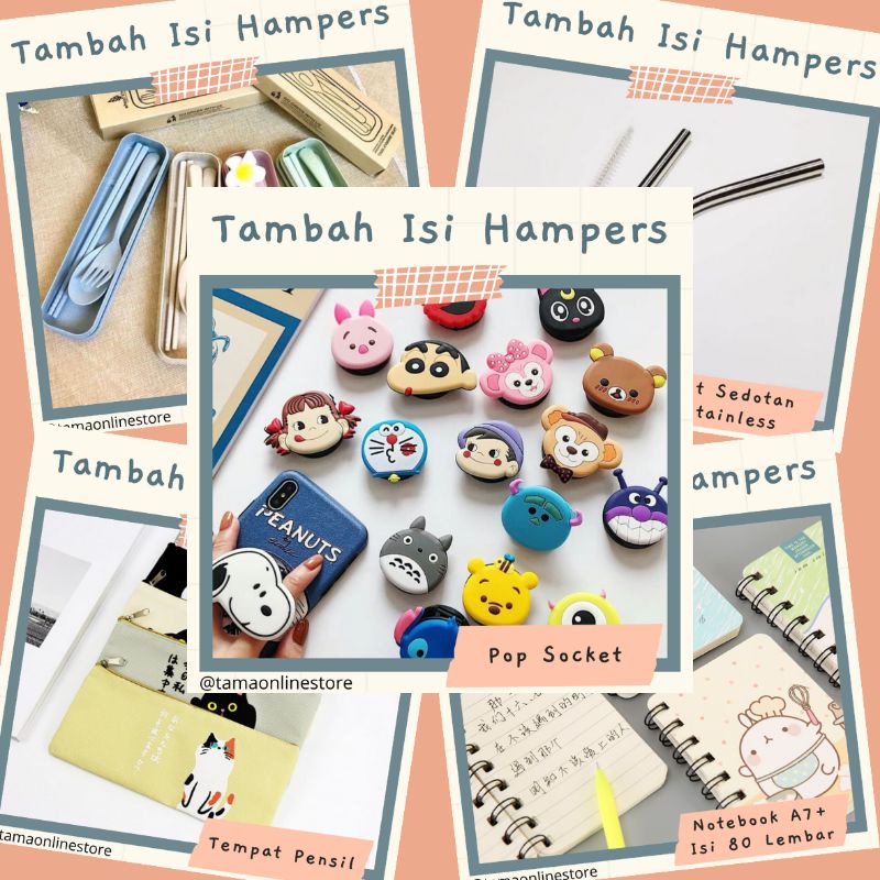 

Notebook/Tempat Pensil/Pop Socket/Case Masker/Set Alat Makan/Pouch Travel Gantung/Tempat Sikat Gigi/Tambah Isi Hampers