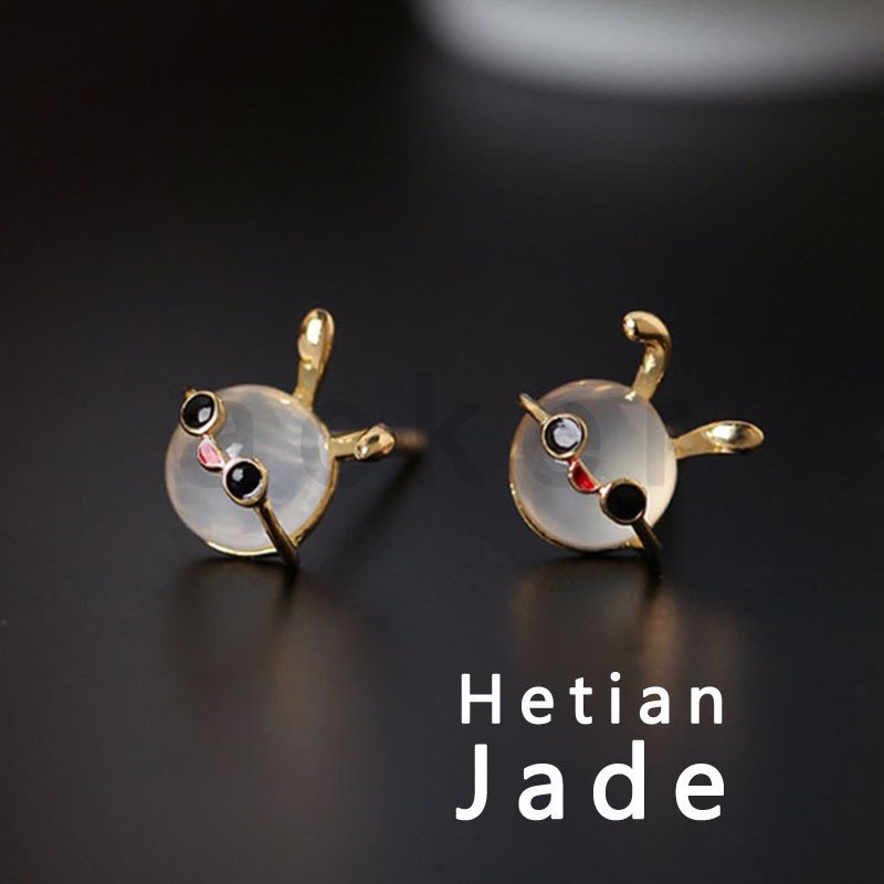 Anting Giok Hetian Chalcedony Rogue Rabbit Natural Untuk Wanita