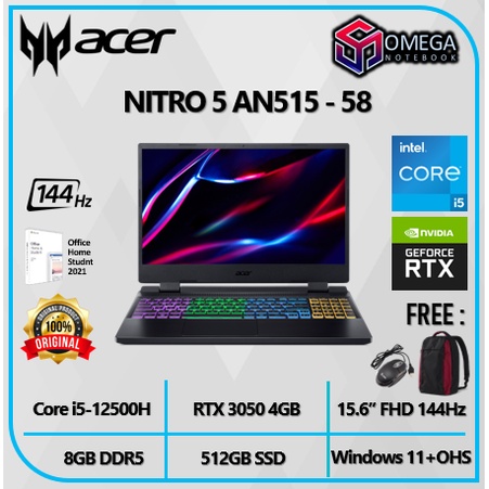 ACER NITRO 5 AN515 RTX3050 4GB - Core I5 12500H 8GB 512SSD W11+OHS 15.6&quot;FHD 144Hz 4ZRGB TGP95