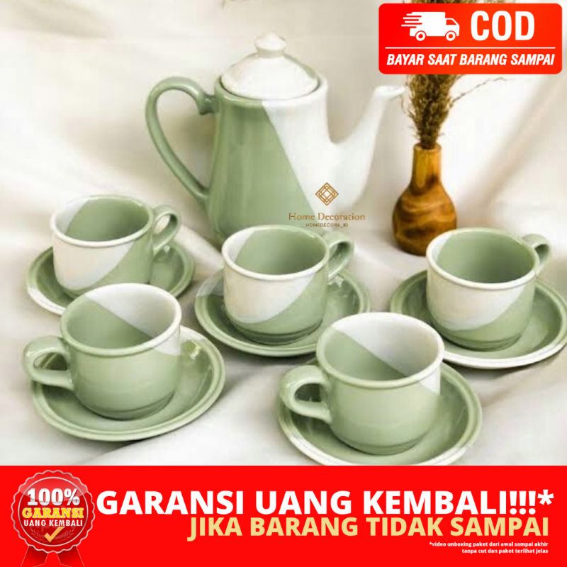 (HOMEDECORA_ID) BERGARANSI TWO TONE TEA SET ALL VARIANT 10PCS CUP SAUCER POT NIKURA PERLENGKAPAN DAP