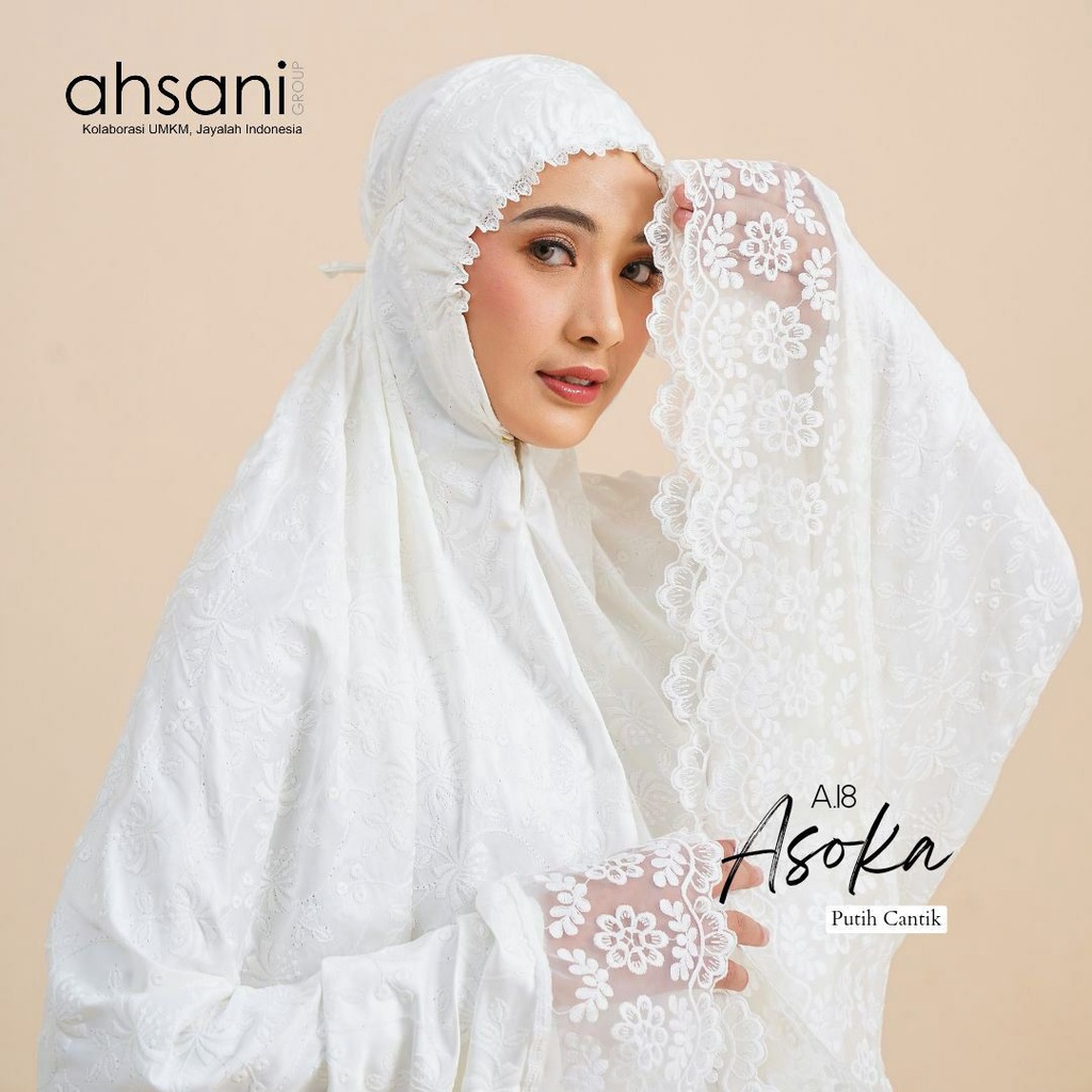 Mukena Haji Dan Umroh Ahsani Putih Asoka A18  bahan Sutra Original Motif Timbul