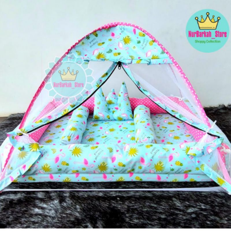 SET KASUR KOLAM TENDA MOTIF FLAMINGO TOSKA PINK LUCU POLKADOT BABY  BIRU WARNA CEWEK BAYI USIA 0-3 B