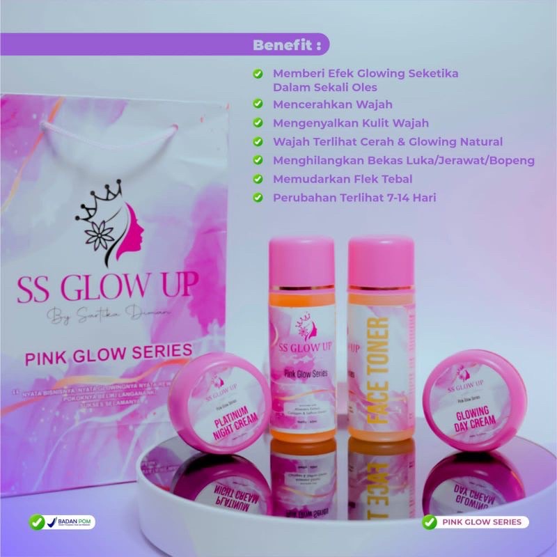 PAKET PINK GLOW SERIES BPOM CREAM (UNTUK WAJAH NORMAL) SS GLOW UP BY SARTIKA DIMAN SKINCARE •| FREE 