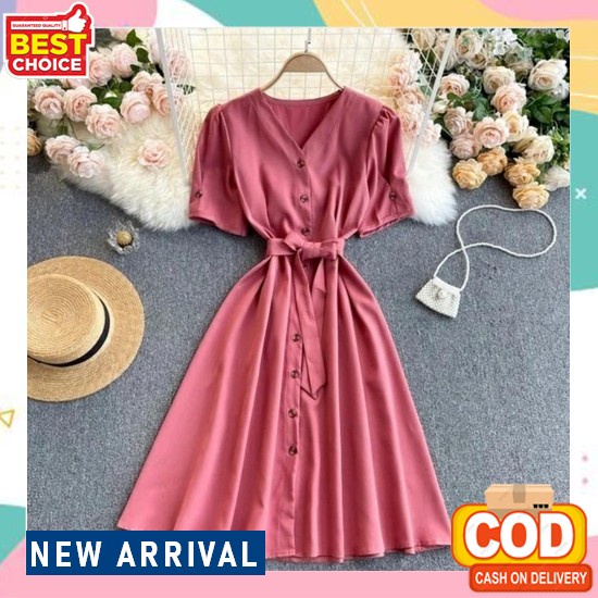 Baju Dress Wanita Murah Korea Baju Casual Terusan Perempuan Party Remaja Kekinian Polos Velove Midi 