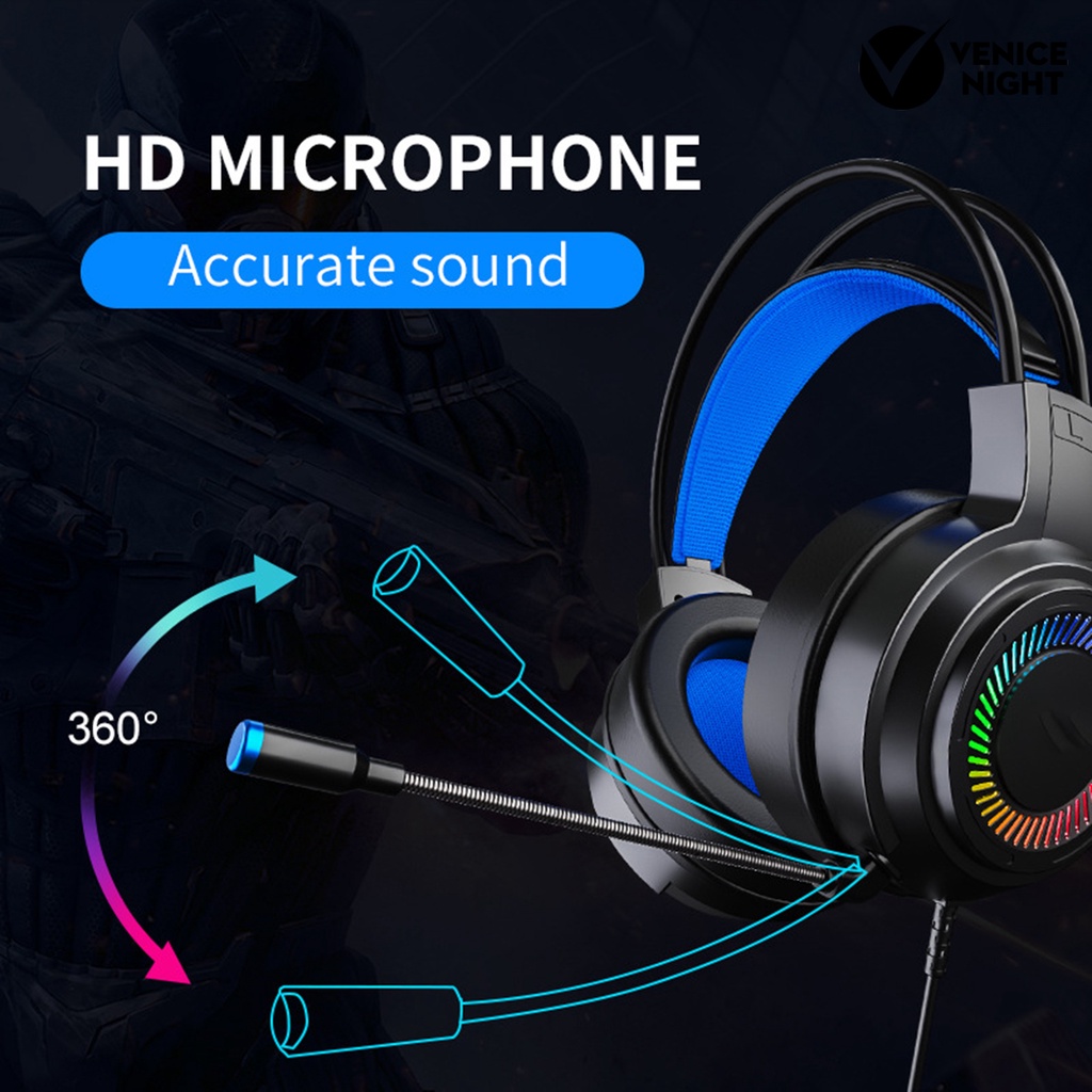 (VNEP) (Berkabel) G60 Headphone Bass Colorful Lights 3.5mm 7.1 Surround Sound Gaming Headset dengan Mic untuk Gamer