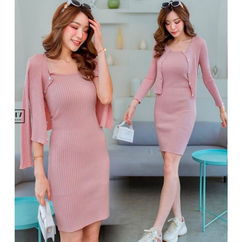 Dress Jjaviazz + Cardi - Dress Casual Wanita - Mini Dress Terbaru - Dress Rajut Perempuan