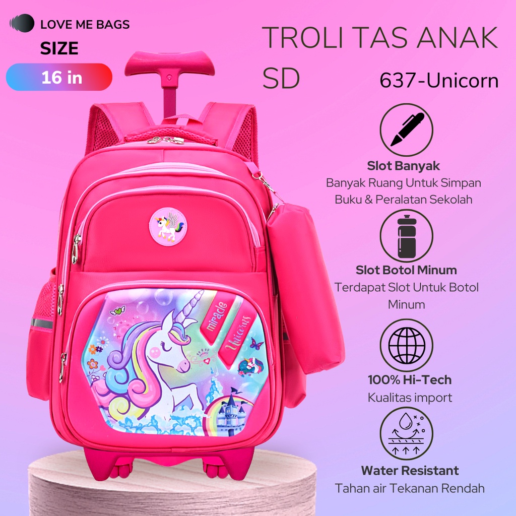 LMB Tas Troli Anak Perempuan Sd Roda Dorong Trolley Gambar Unicorn Kuda Pony Timbul 6D Import