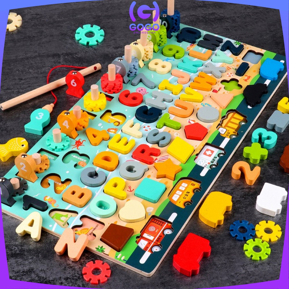 GOGO-M94 Mainan Edukasi 7in1 Puzzle Kayu Anak Huruf dan Angka Pancing Ikan Montessori Wooden Toys