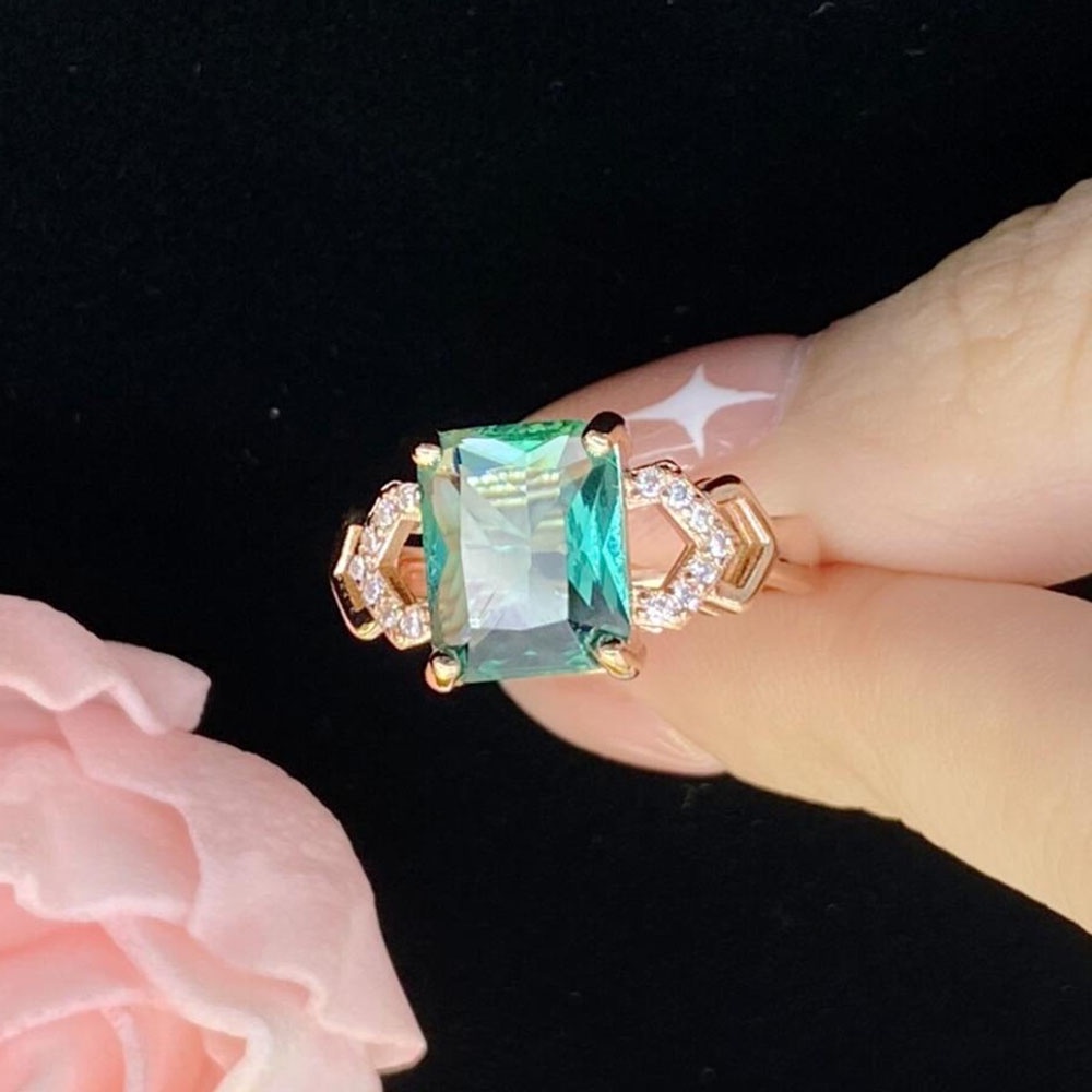 Kristal Hijau Muda Cincin Baja Titanium Emas Mawar Berlian Fashion Wanita Pernikahan Pertunangan Rings