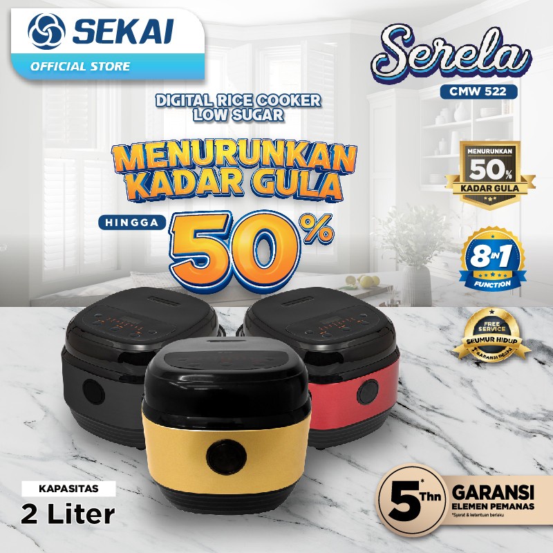 Rice Cooker Sekai CMW 522 2 Liter Less Sugar Low Carbo Magic Com 522 Low Sugar Less Carbo Anti Gemuk 2 L CMW-522 Serela Penanak Nasi