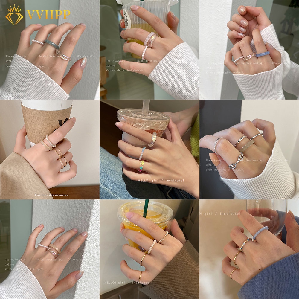 Set Cincin Manik-Manik Mutiara Warna-Warni Bahan Resin Gaya Korea Untuk Wanita