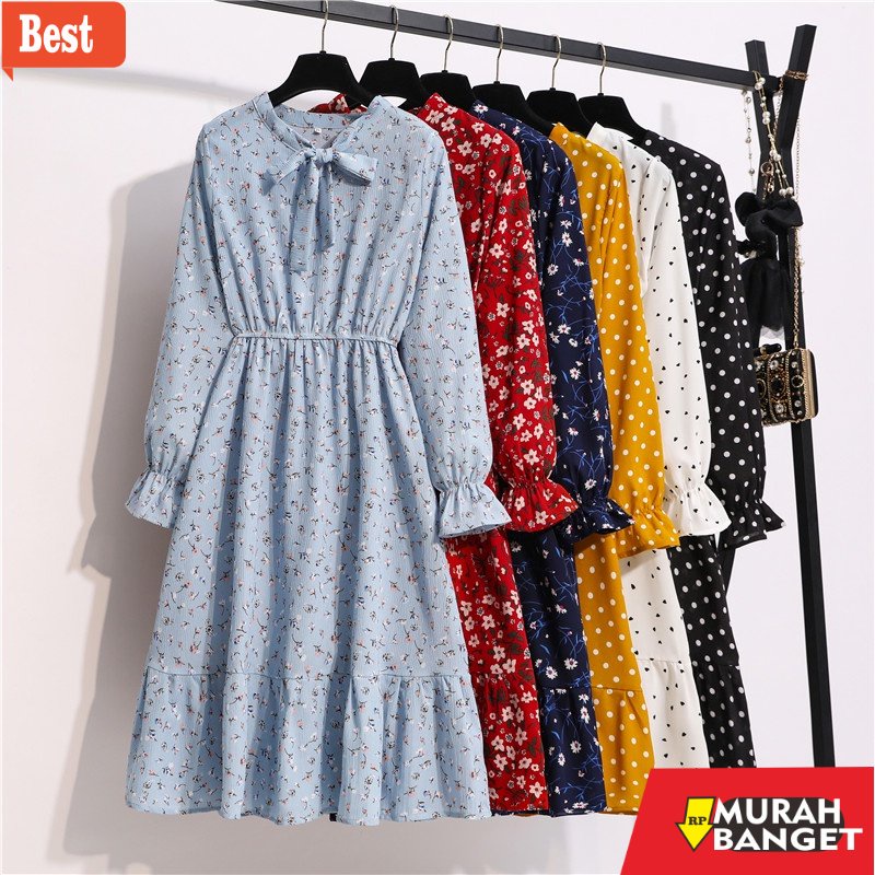 model dress terbaru 2022 Fashion Warna Hitam Bunga Biru Titik Gelombang Wanita Beach Midi Dress Kore