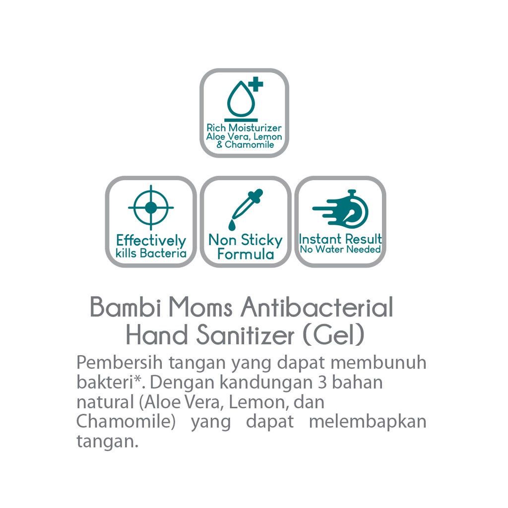 Bambi Mom's Antibacterial Hand Sanitizer 60ml - Gel | Hand Sanitizer Kandungan Lidah Buaya | Untuk Kulit Normal
