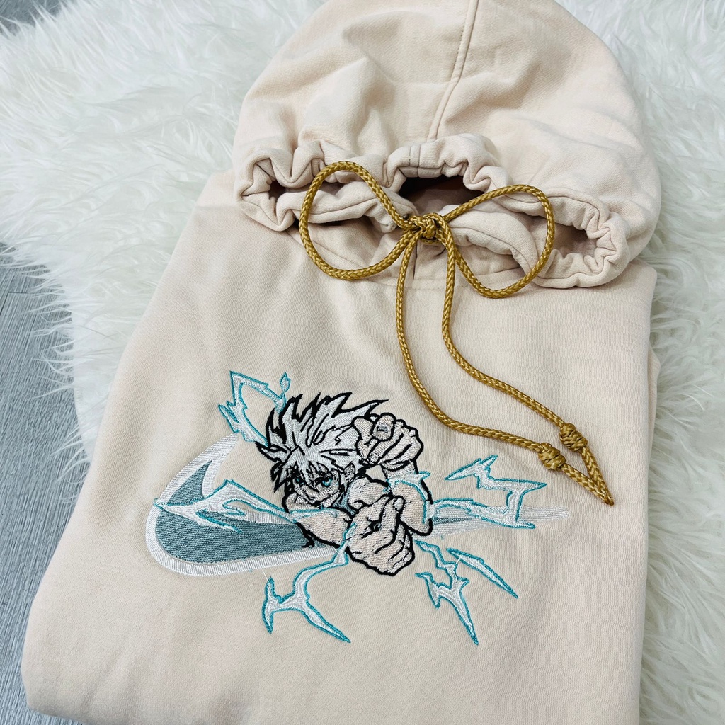 Hoodie Killua Lightning Cream Embroidery Character Anime Manga Hunter X Hunter HXH Premium Unisex