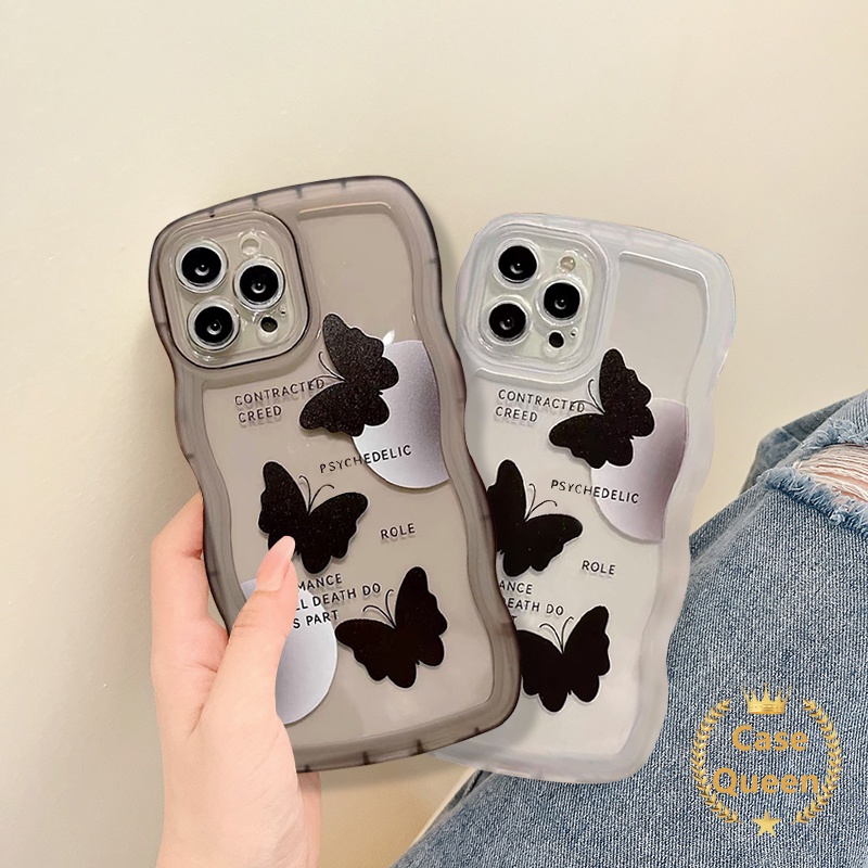 Ins Hitam Kupu-Kupu Casing Oppo A17 A57 2022 A96 A76 A55 A16 A74 A54 A95 A77s A16K A15 A1k A5 A9 2020 A3s A72 A12E A17K A35 A12 A7 A16s A5s A52 Reno 8 7 6 A53 A15s Wavy Edge Case Tempat Kotak Makan