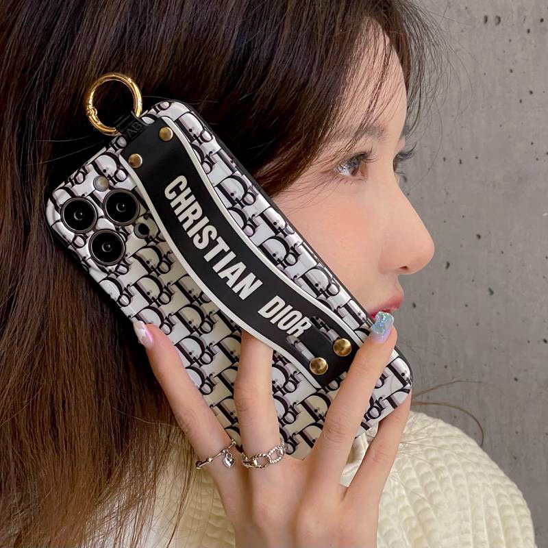 Case Bahan Silikon Motif Christian Dior Leaf Dengan Wristband Untuk IPhone Xr Xs 14 Plus Ip 11 12 13 14 Pro Max