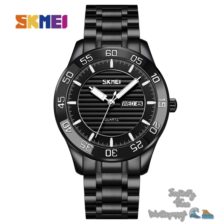 Jam Tangan Skmei 9293 Cowok Tanggal dan Hari Aktif Rantai Stainless Analog Kualitas Original Waterpr
