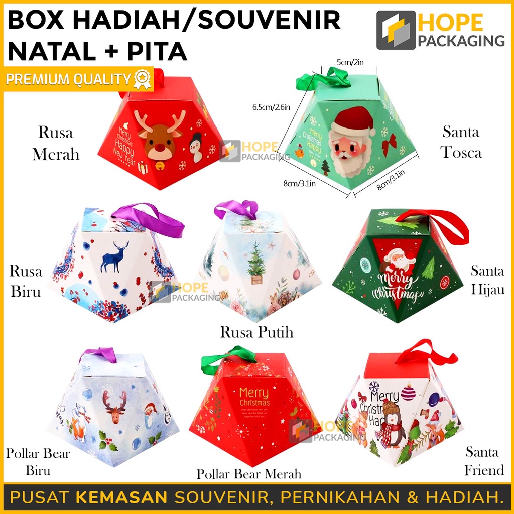 

Box Hadiah Souvenir Natal + Pita Size : 8x 8x 6.5x 5 cm / Souvenir Permen / Kotak Coklat / Box Piramid Souvenir Natal / Box Natal / Hadiah Permen Xmas