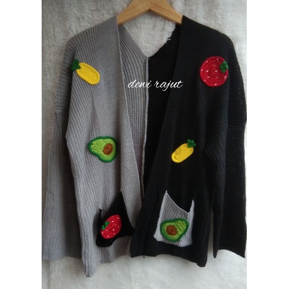CARDIGAN RAJUT SAKU SILANG MOTIF AVOCADO STROWBERI NANAS CAMPUR TERBARU KEKINIAN OUTER