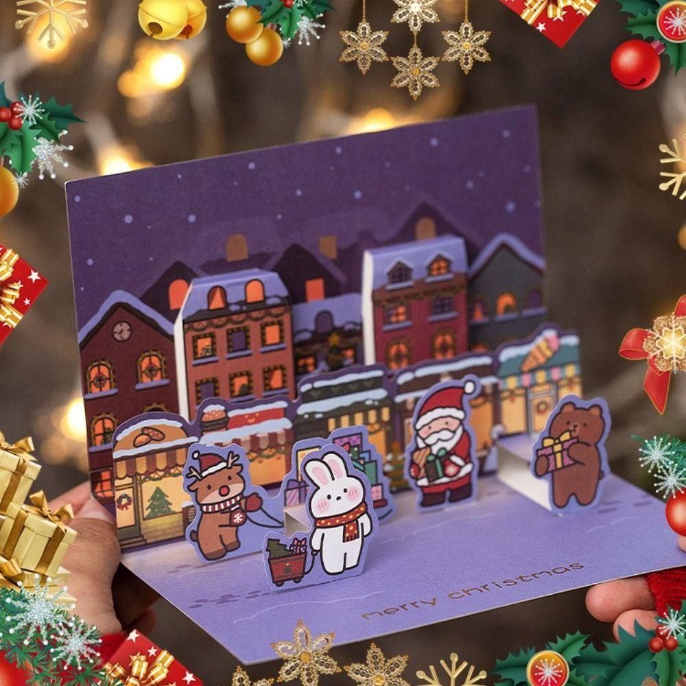 Lanfy Kartu Ucapan Dengan Amplop Snowman Family Marry Christmas New Year Hadiah 3D Pop Up Santa Claus Thank You Card