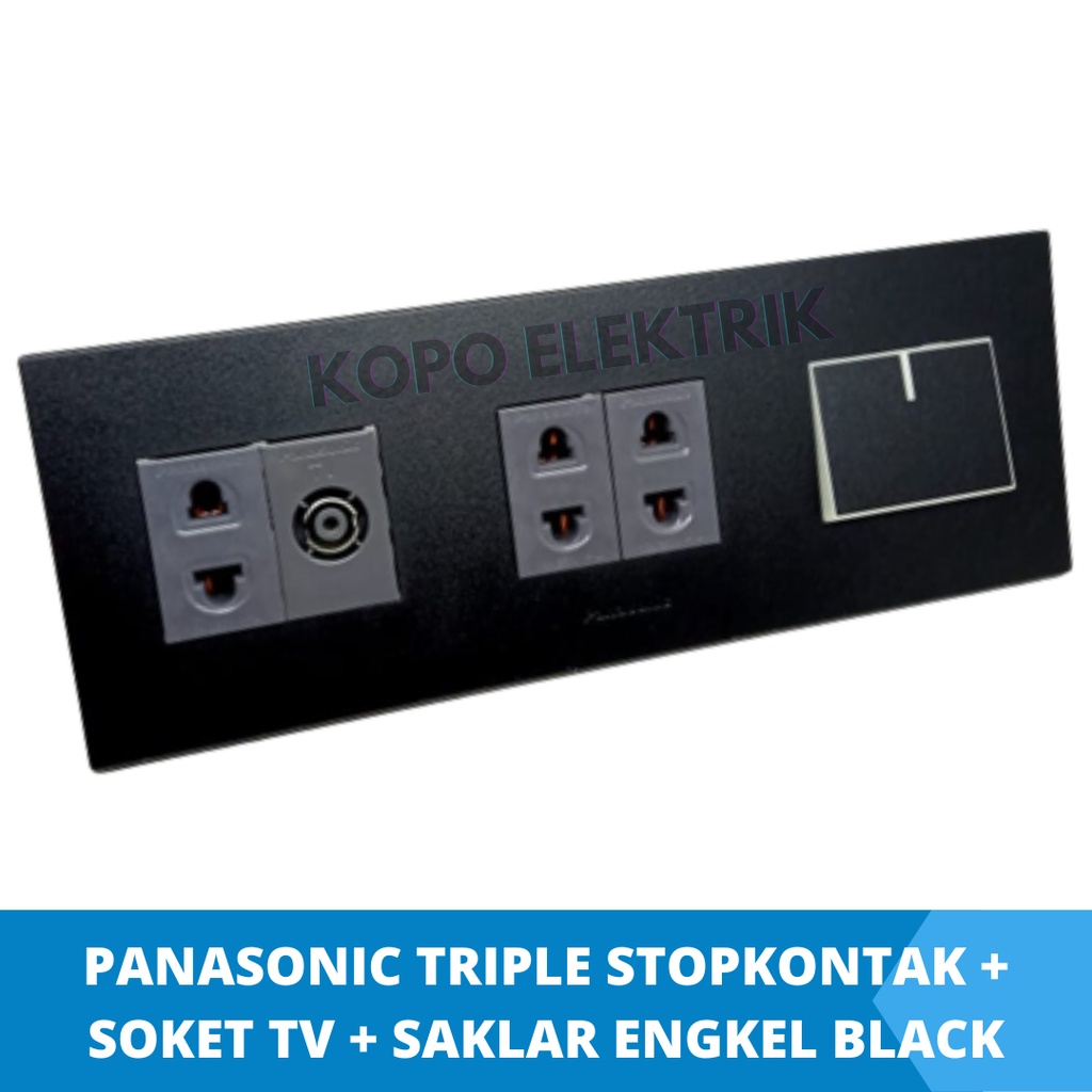 Panasonic Triple Stopkontak + Soket tv + Saklar Engkel Style Black