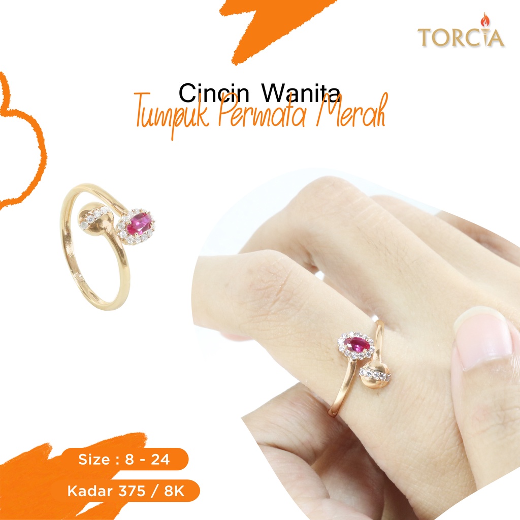 Cincin Wanita Emas Asli Tumpuk Permata Merah Kadar 375 Torcia