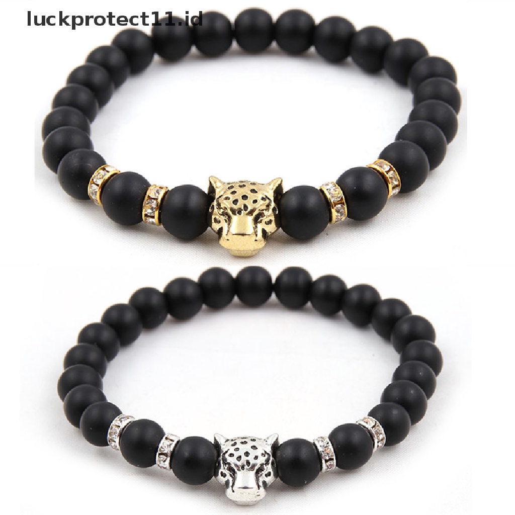 Gelang Manik-Manik Batu Alam Handmade Desain Kepala Leopard Untuk Pria