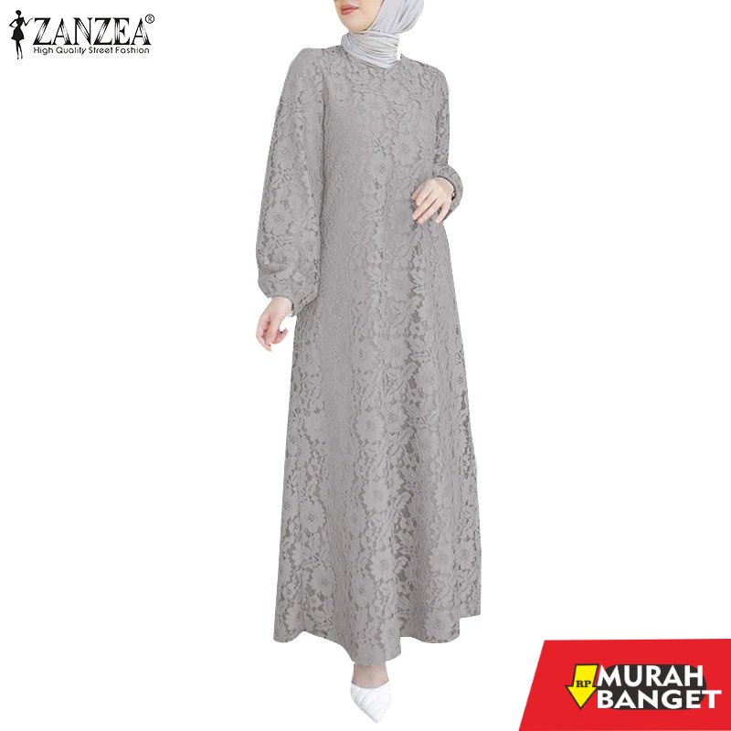 model gamis kombinasi polos terbaru 2022 ZANZEA Women Casual Lace Patchwork Elastic Cuff Muslim Maxi