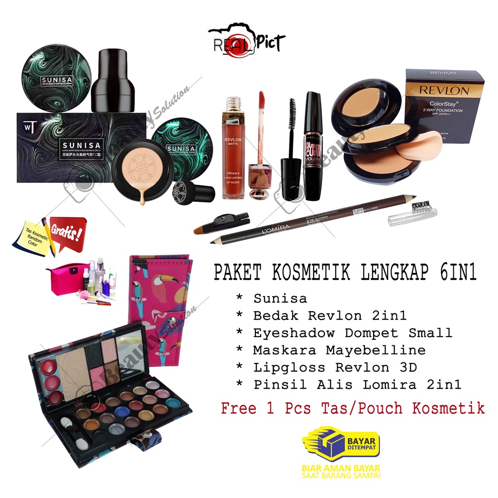 PAKET SUNISA 6IN1 - Bedak Sunisa + Bedak Revlon 2in1 + Eyeshadow Dompet Small + Lipgloss Revlon 3D +