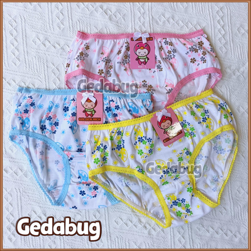 6 Pcs - Celana dalam anak Golden Nick 043 Print Tepi Renda | CD anak Girl | Gedabug