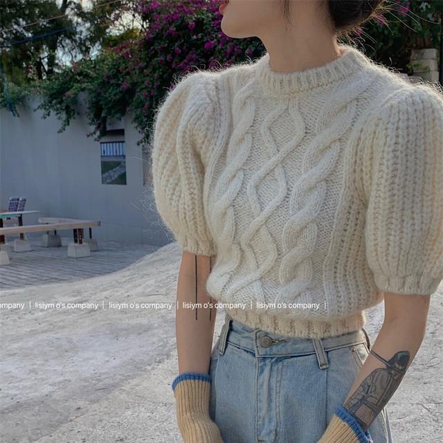 Red Dua setelan satu potong Desain musim dingin anak perempuan terlihat tipis Puff sleeve twist lengan pendek sweater + brushed high collar bottoming T-shirt