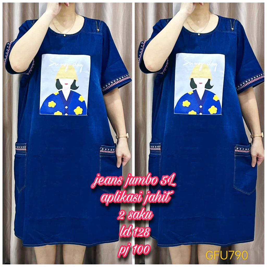 GFU790 Dress Wanita Jeans Jumbo 5L Sablon 2 Saku LD128 Lengan Tribal Blue Jeans