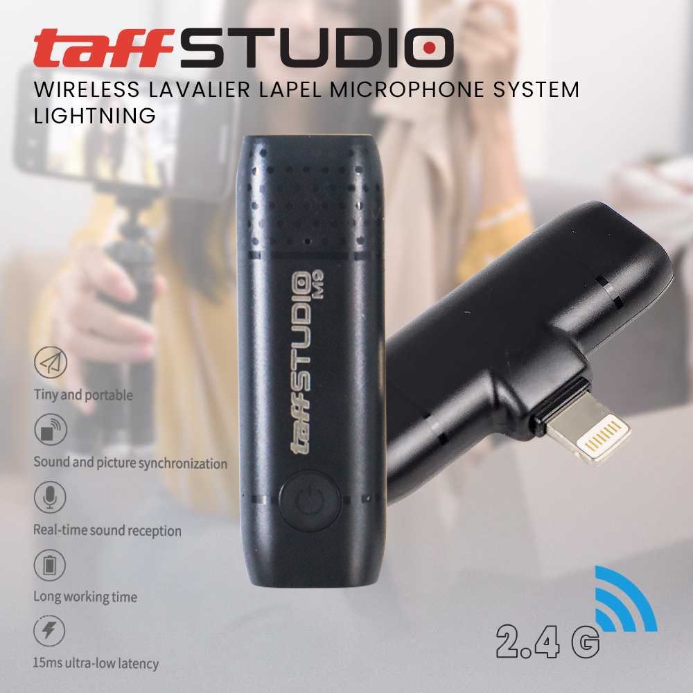 TaffSTUDIO Wireless Lavalier Lapel Microphone System Podcast Live Lightning - M9 - Black