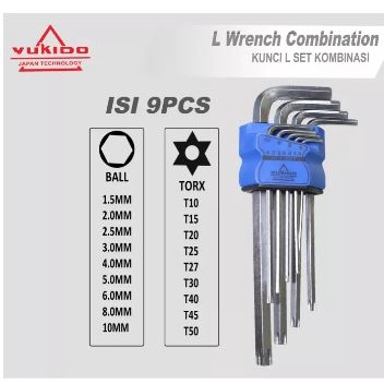 Kunci L Long + L Bintang Set Kombinasi YUKIDO  9 pcs-KUNCI L WRENCH COMBINATION PREMIUM TERBAIK