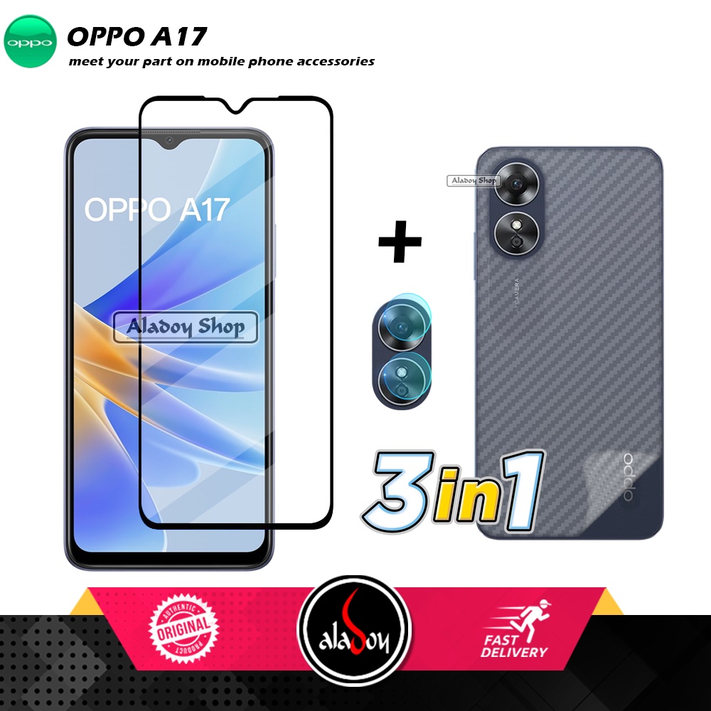 PROMO 3 IN 1 PAKET Tempered Glass Oppo A17 4G 2022 Free Tempered Glass Camera dan Skin Carbon