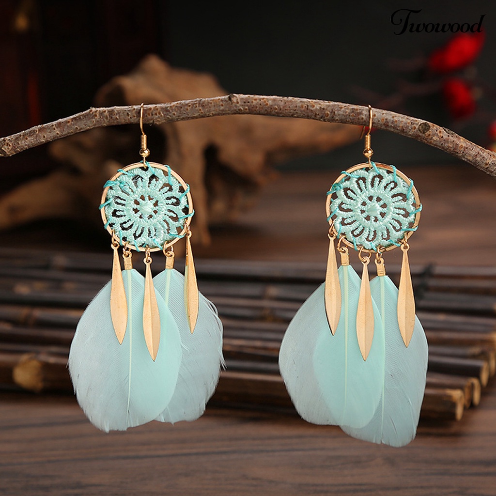 1 Pasang Anting Kait Rumbai Bentuk Dream Catcher Bulu Gaya Bohemian Untuk Pesta Pernikahan