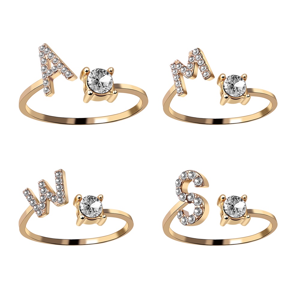 Cincin Adjustable Desain 26 Huruf Inggris Aksen Berlian Gaya Korea Untuk Pria Dan Wanita