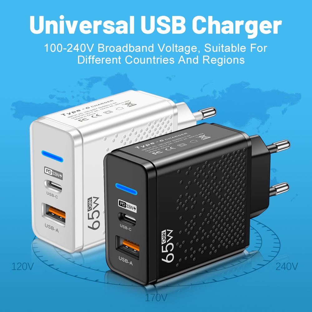 Adapter Charger Multi Port USB + PD 65W 5V 2.4A Fast Charging Plug US / EU / UK Untuk Iphone / Tablet