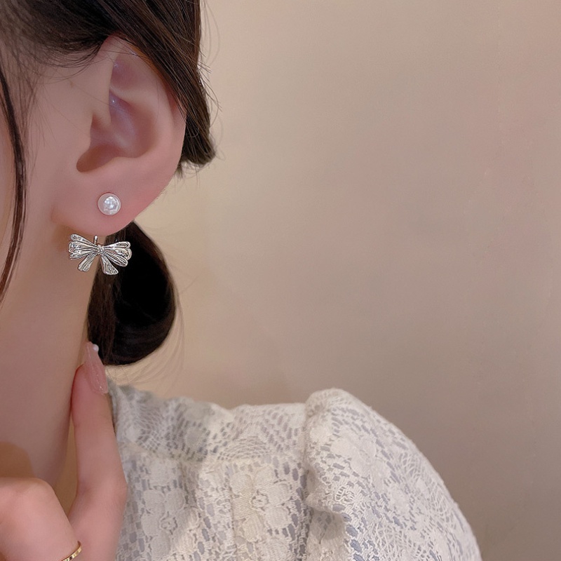 Anting Tusuk Model Pita Dengan Dua Mutiara Gaya Korea Untuk Wanita