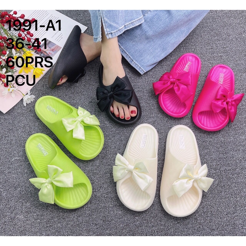 Sandal Wanita PVC Datar dengan Sepatu Anti-selip Simpul Pita Wanita Kasual Luar Ruangan Sandal Sandal Jepit Wanita Musim Panas BALANCE 1991-A1