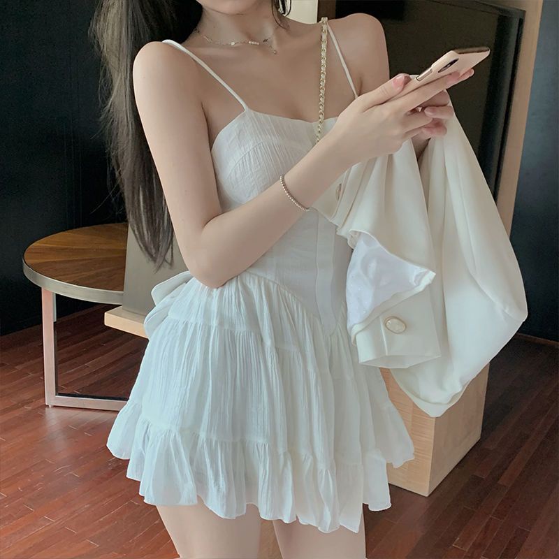 Red Student Tide Keinginan Murni Angin Putih Pinggang Suspender Rok Wanita Musim Panas 2022 Baru Rok Kecil Daun Teratai Tepi Gaun