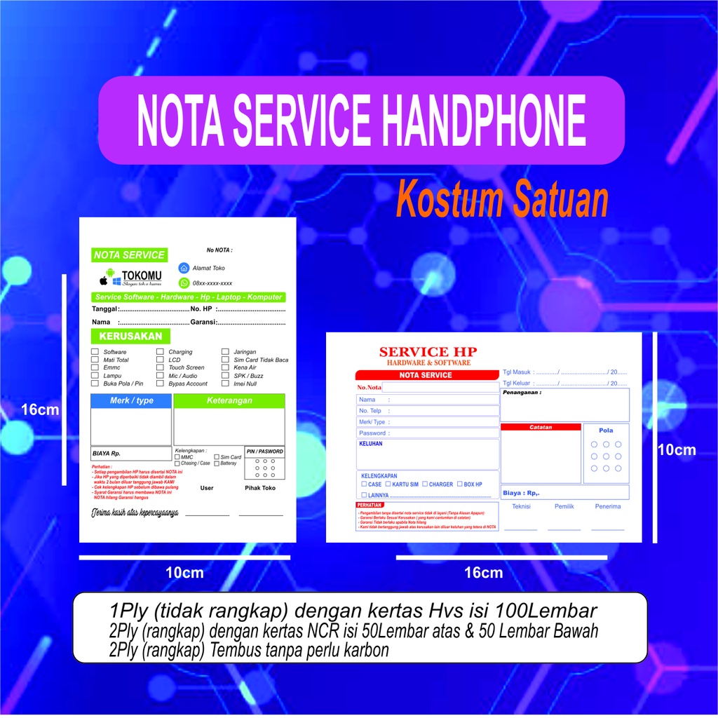 

CETAK NOTA SERVICE HP / NOTA PONSEL / NOTA KONTER / BON / KWITANSI 2PLY GRATIS DESAIN HARGA MURAH