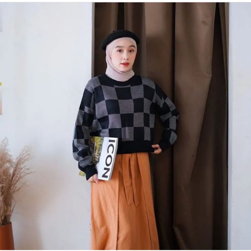 JENNIE SWEATER MOTIF KOTAK/ATASAN WANITA CROP TOP