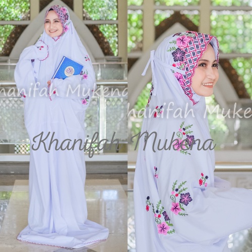 Mukena Mukenah Lajuran Terusan Langsungan Putih Bordir Santri Gontor Dewasa Bordir Motif Bunga Nyama