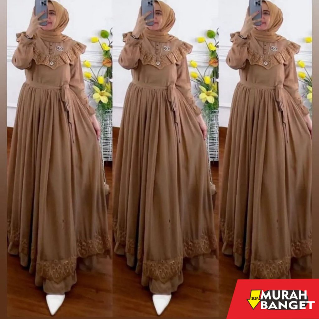 model gamis kombinasi polos terbaru 2022 Rauna Dress / Naraya Dress / Gamis Ceruty Babydoll Aplikasi