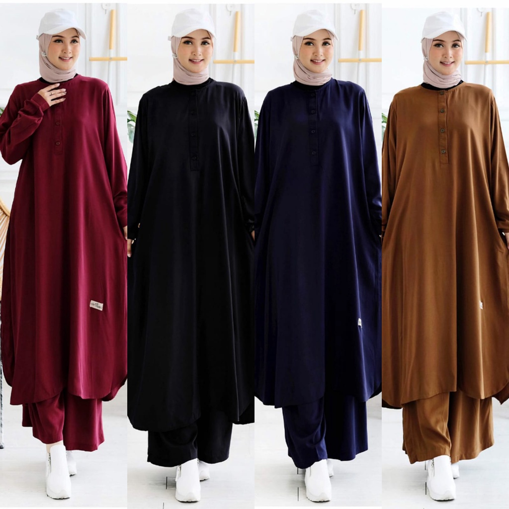 Hijab Sisters Ayla One Set Wanita Jumbo Rayon Twill Premium Motif Polos / Baju Setelan Celana Panjan