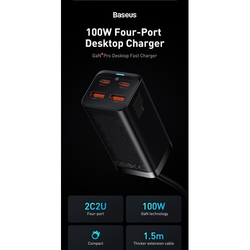 Baseus Desktop Fast Charger GaN3 Pro 100W 2U+2C Garansi Resmi