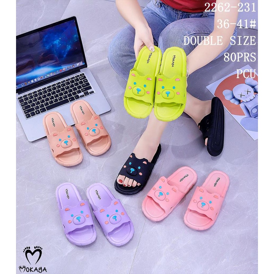 Sandal Slop Jelly Rumah Wanita dan Anak Cewek Motif Bear Cheeks Super Cute Empuk Pretty Kekinian Import Mokaya / Size 30-41 (2262-23/-231)